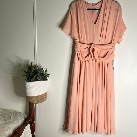 Gal Meets Glam Dresses & Skirts - NWT Light Peach Midi Dress Flutter Sleeves Cinched Waist